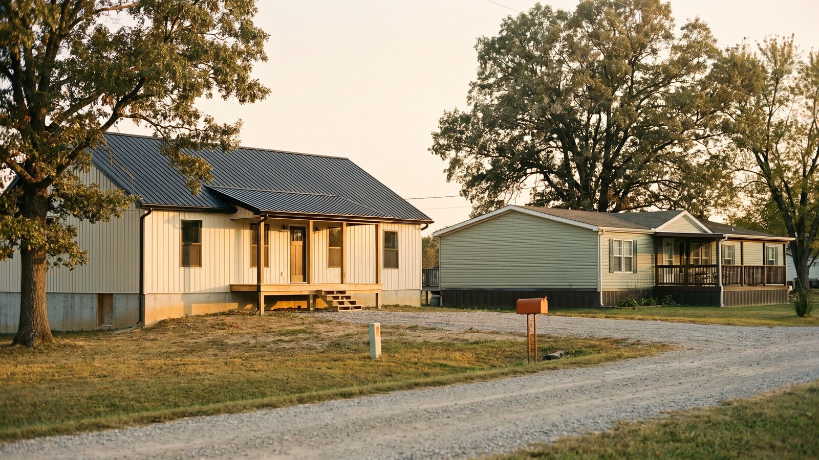 A modular home and a manufactured home on adjacent rural lots at golden hour shot on Kodak Portra 400 film with visible grain