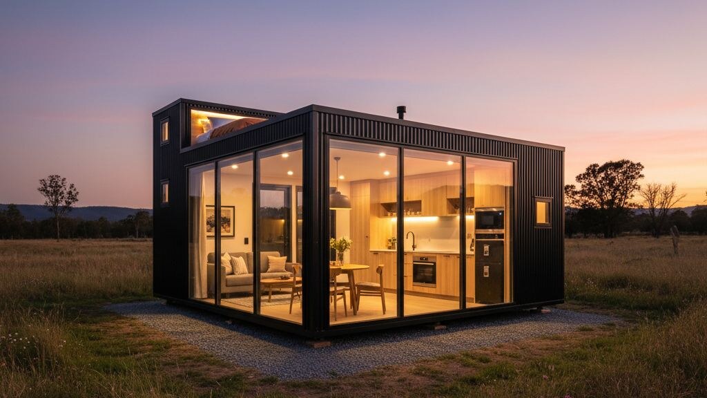Move-in ready prefab tiny home on a rural parcel with finished interior visible through large windows and warm interior lighting at dusk.