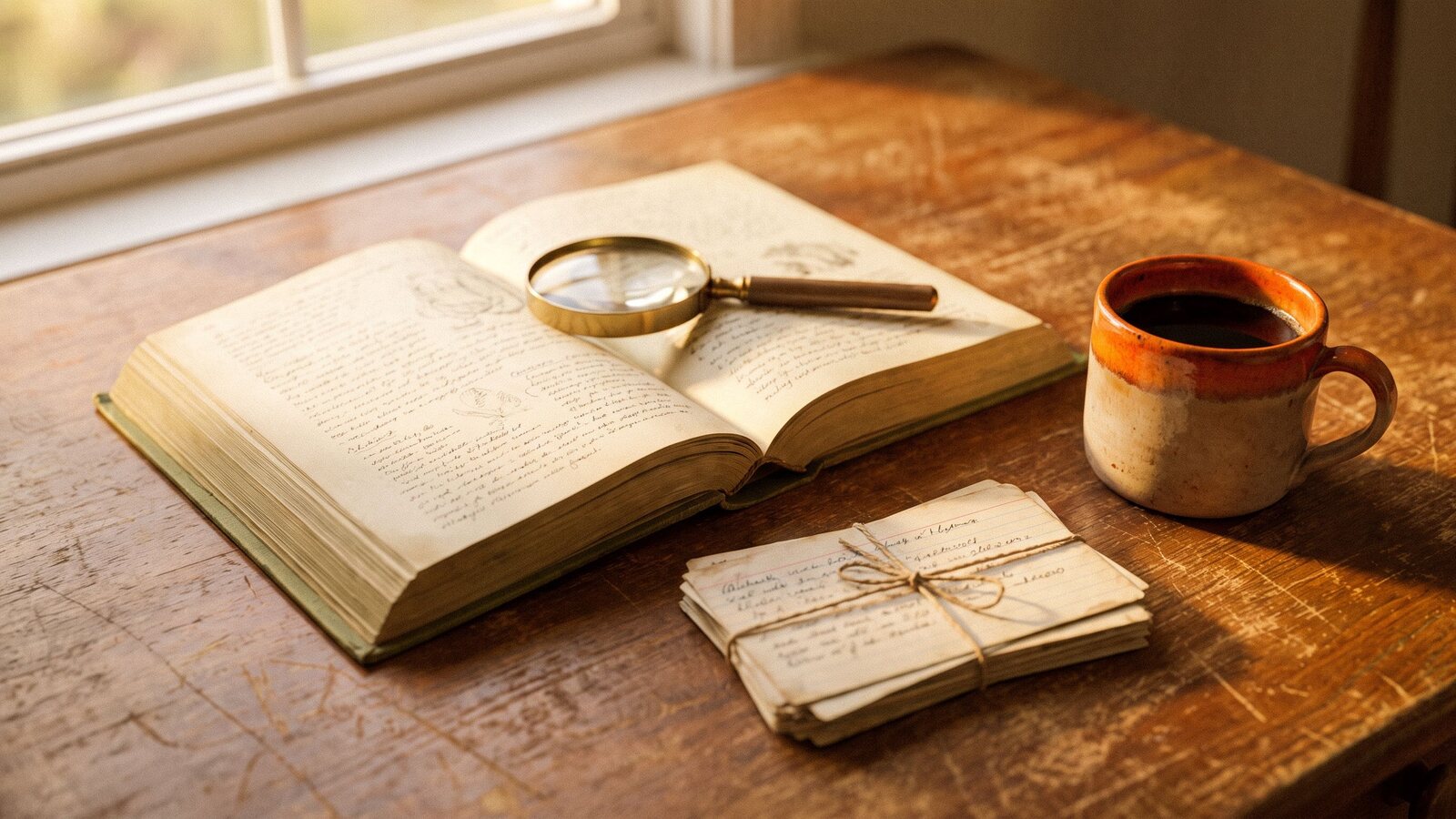 A worn wooden desk with an open appraisal trade guide book, magnifying glass, and index cards shot on Kodak Portra 400 film with visible grain