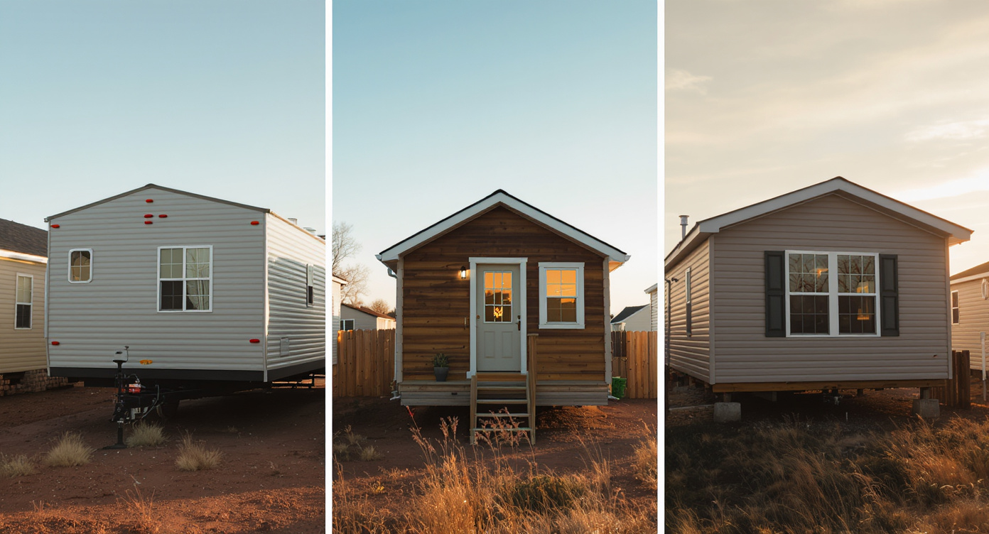 Park model, tiny home, and manufactured home photographed side by side at golden hour