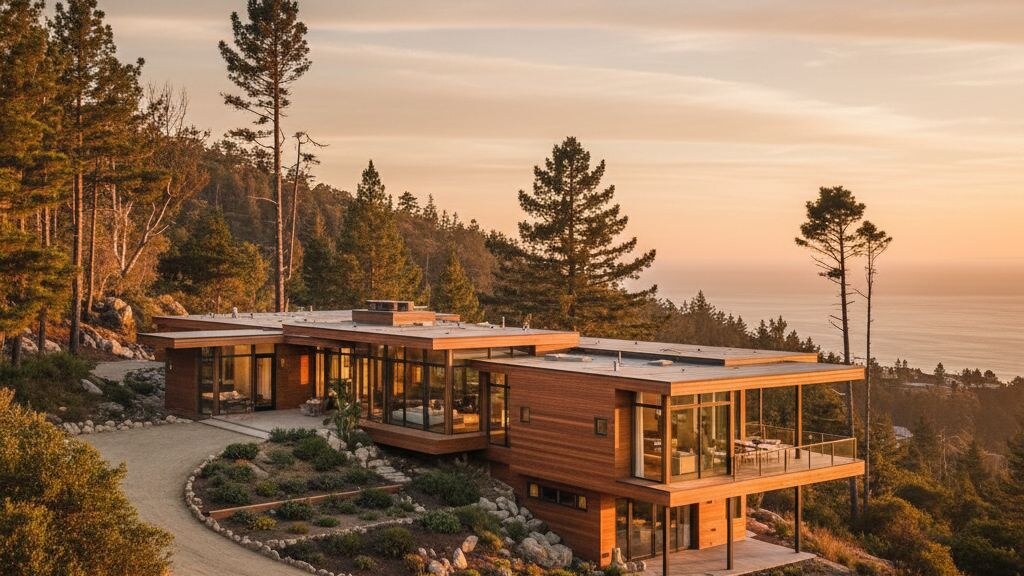 Premium modern prefab home on a California hillside with cedar siding and large glass openings in golden Pacific light.