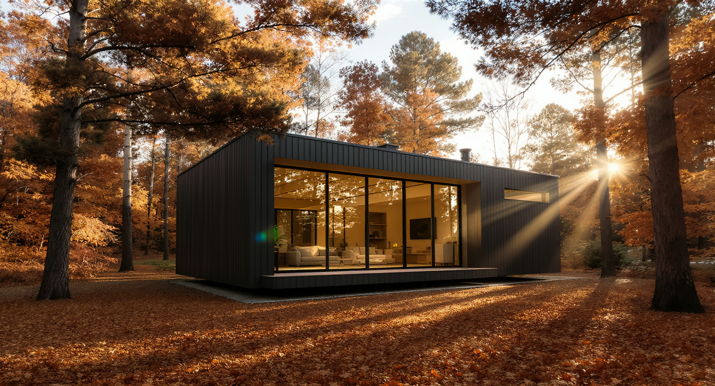 A modern prefab home with wood siding and large windows sits in a sunlit forest clearing during golden hour.