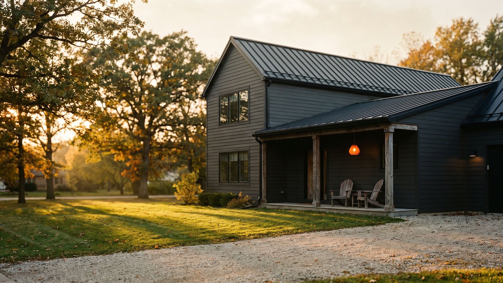 A modern two-story modular prefab home with charcoal siding and black metal roof on a suburban Chicago-area lot at golden hour shot on Kodak Portra 400 film with visible grain
