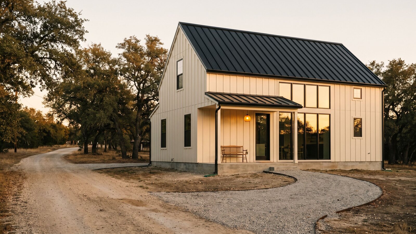 A modern two-story prefab home with cream board-and-batten siding and black metal roof on a rural lot at golden hour shot on Kodak Portra 400 film with visible grain