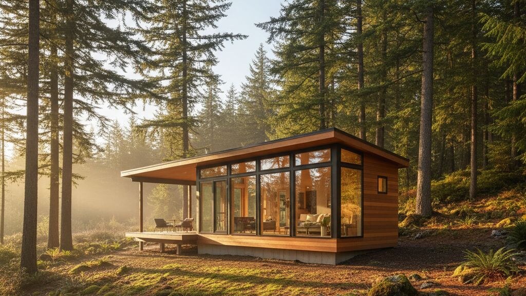 Modern premium prefab tiny home on a partially-wooded rural parcel with cedar siding and large glass openings in golden Pacific Northwest light.