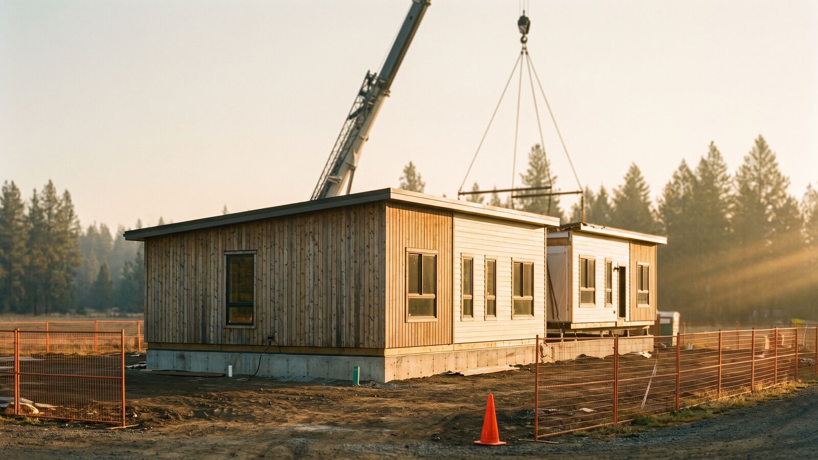 A modular home mid-installation with the second section being lowered by crane onto a poured concrete foundation at golden hour shot on Kodak Portra 400 film with visible grain