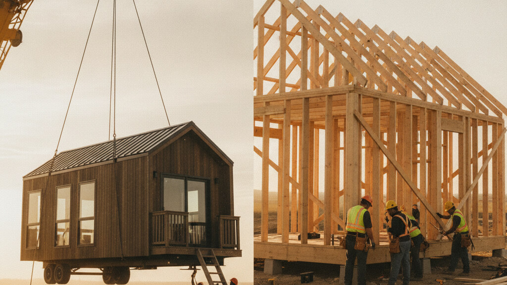 Split view of a ready-to-move prefab tiny home being craned onto a foundation on the left and a stick-built small dwelling under framing on the right in golden afternoon light.