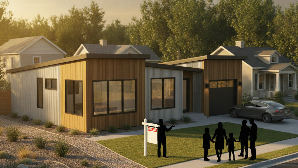 Architectural editorial photograph illustrating prefab modular resale value on a typical American residential lot in golden afternoon light.