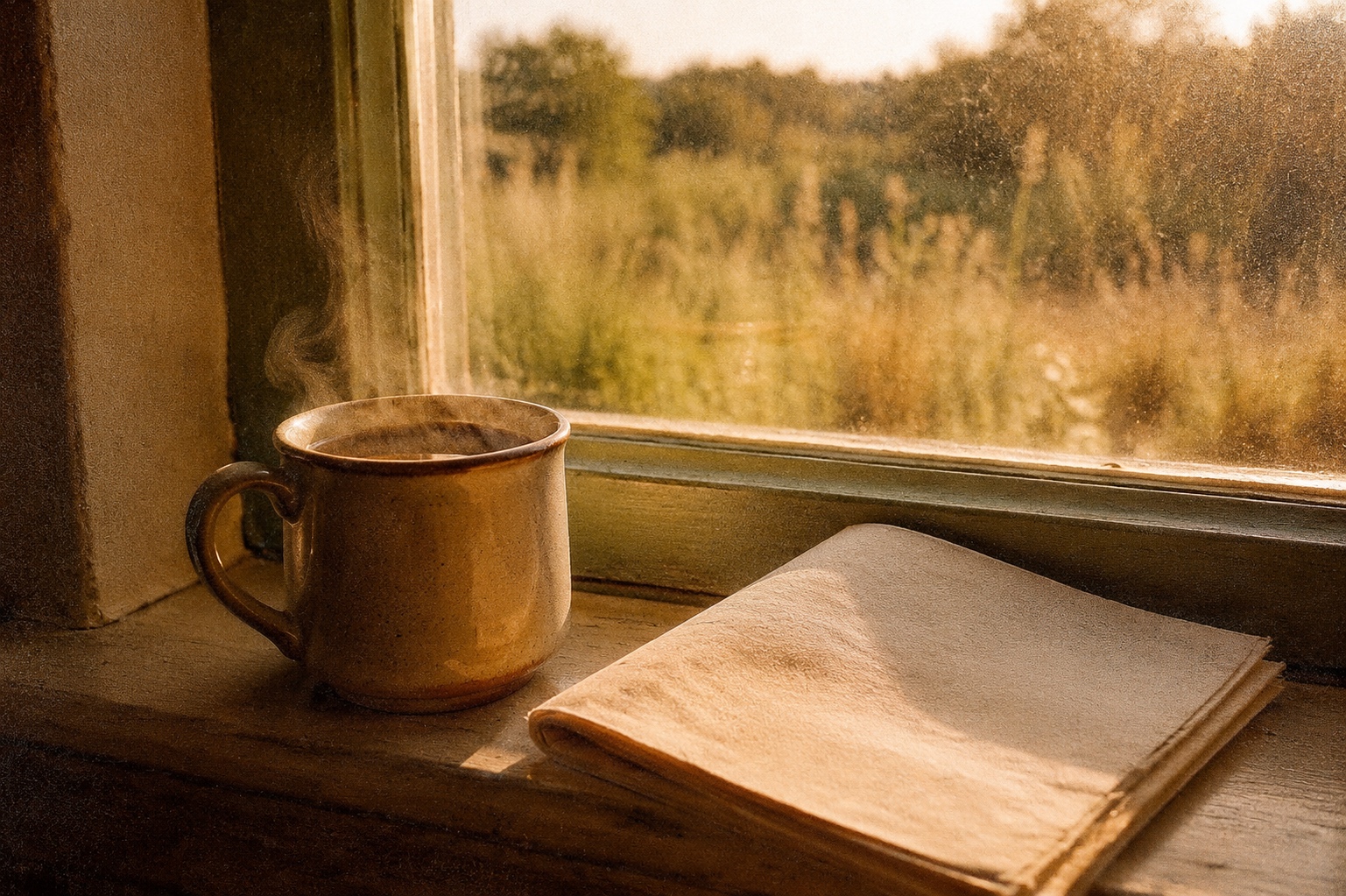 A warm cream stoneware mug and folded newsletter on a sunlit windowsill