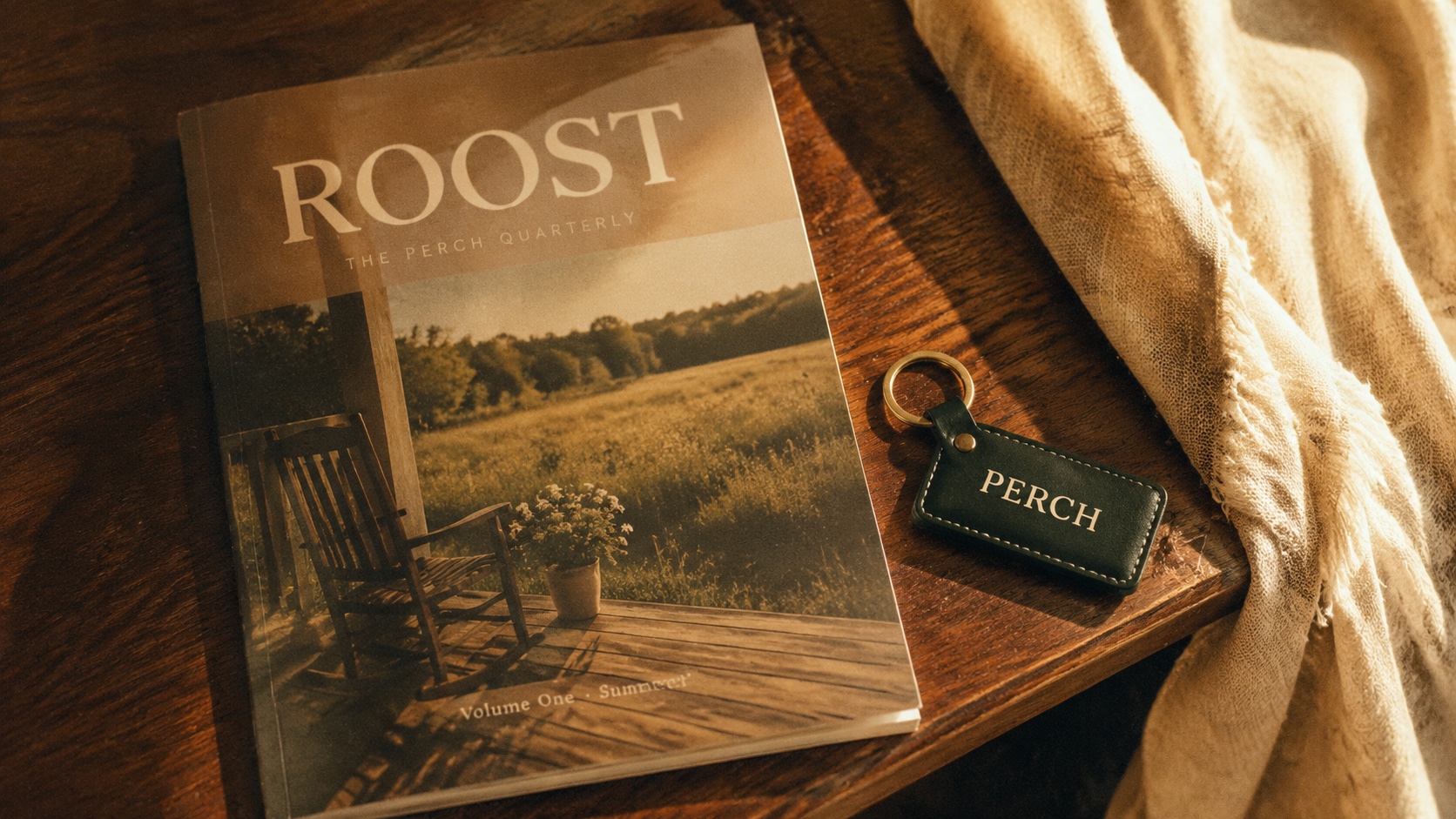 ROOST Volume One on a member's coffee table beside a small PERCH keyfob, warm morning light