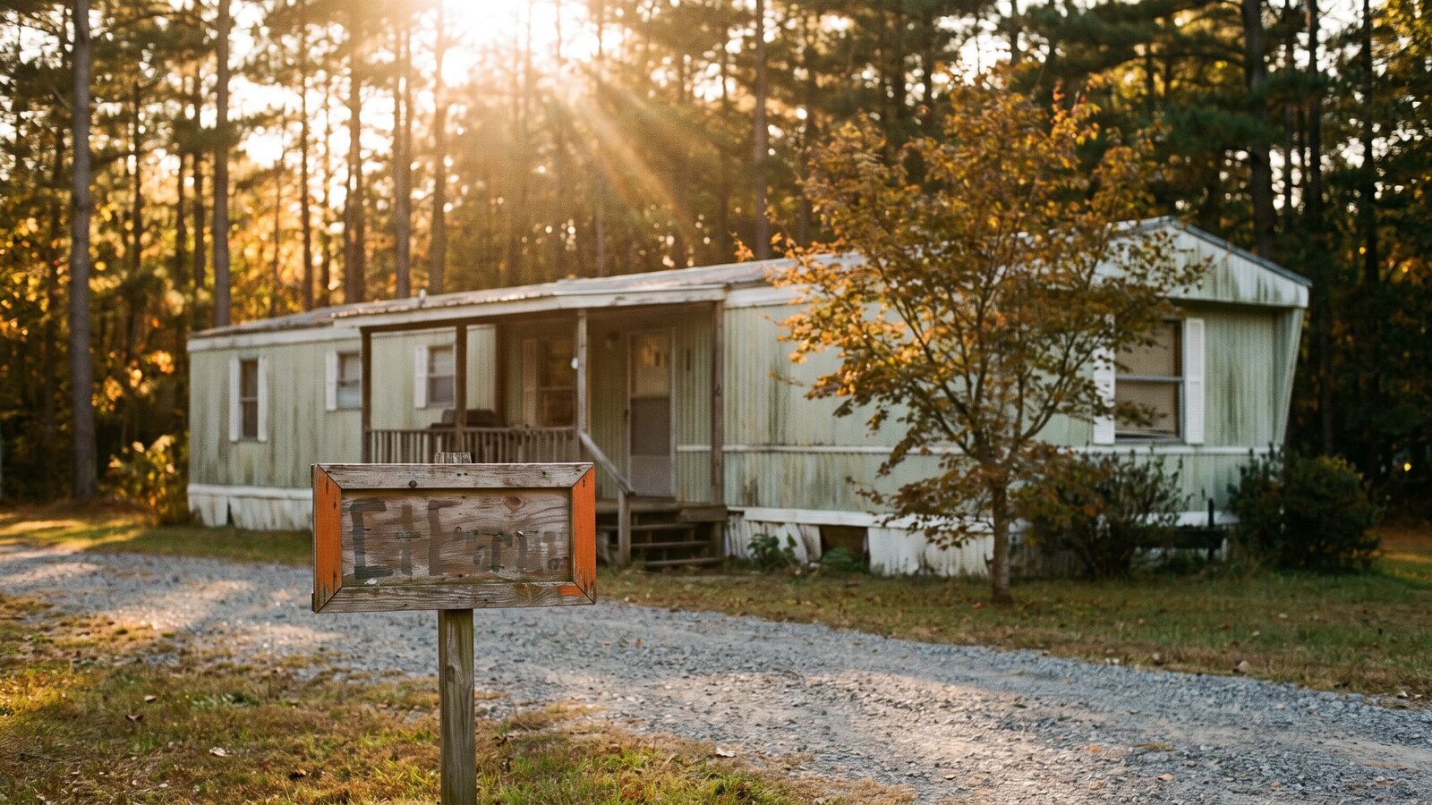 A single-wide manufactured home on a small owned lot at golden hour with a For Sale by Owner sign in the driveway shot on Kodak Portra 400 film with visible grain