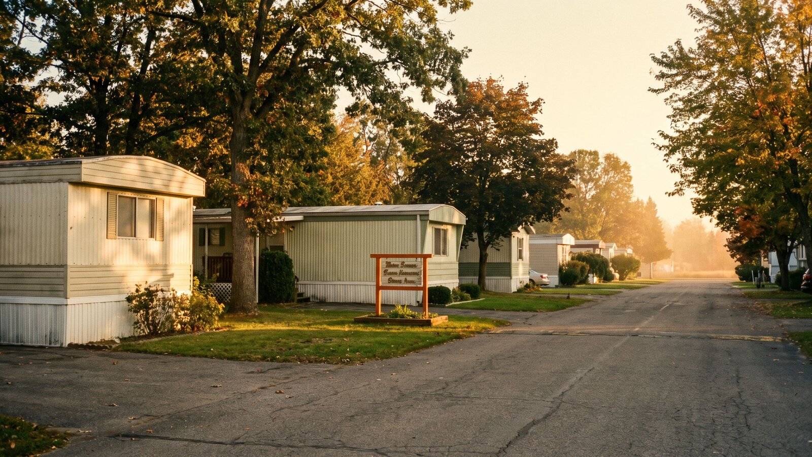 A quiet mobile home community with single-wide homes and mature trees at golden hour shot on Kodak Portra 400 film with visible grain