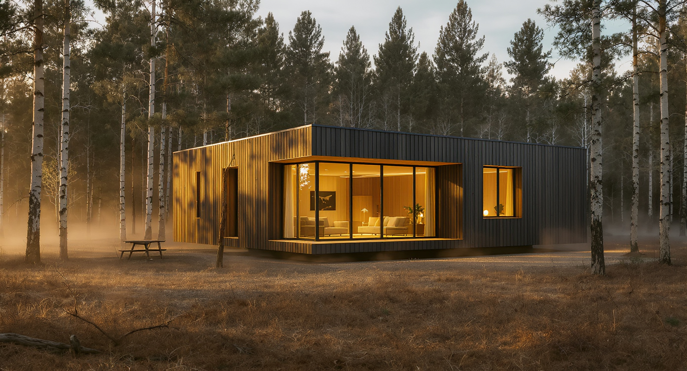 A modern modular home with wood and metal siding sits in a forest at sunset, its warm interior lights glowing.