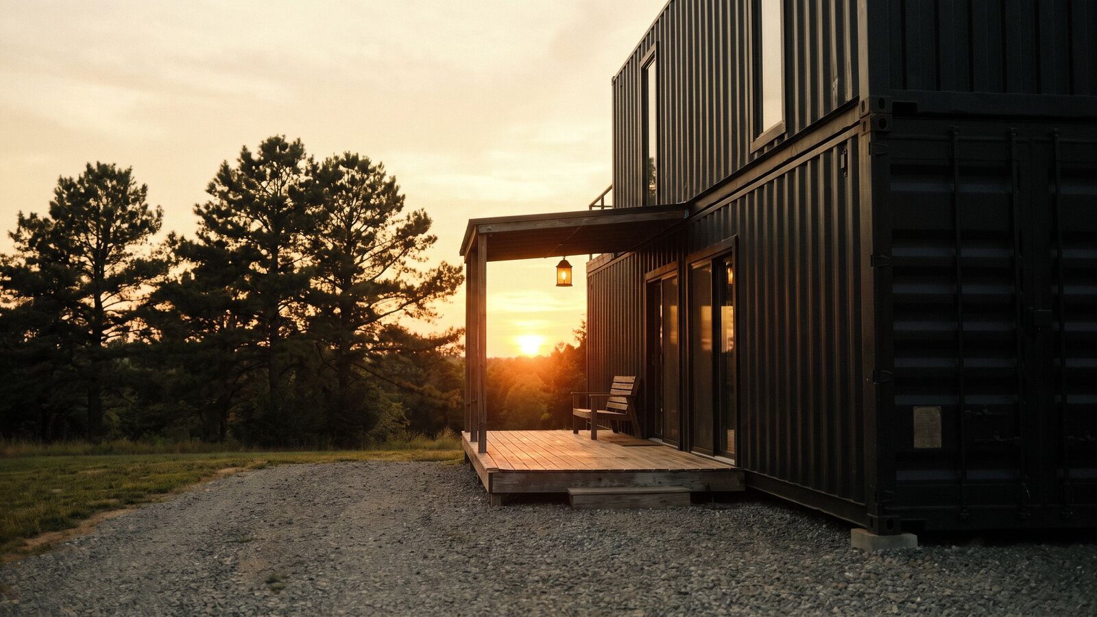 A two-container multi-container residence with black steel exteriors and a covered cedar deck between the units at golden hour shot on Kodak Portra 400 film with visible grain