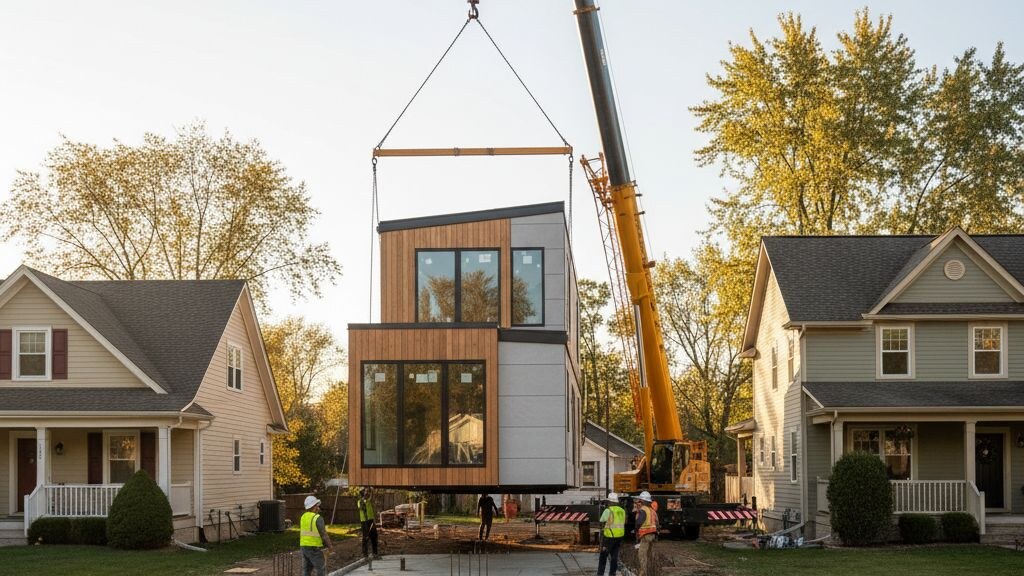 Architectural editorial photograph illustrating site selection prefab modular on a typical American residential lot in golden afternoon light.