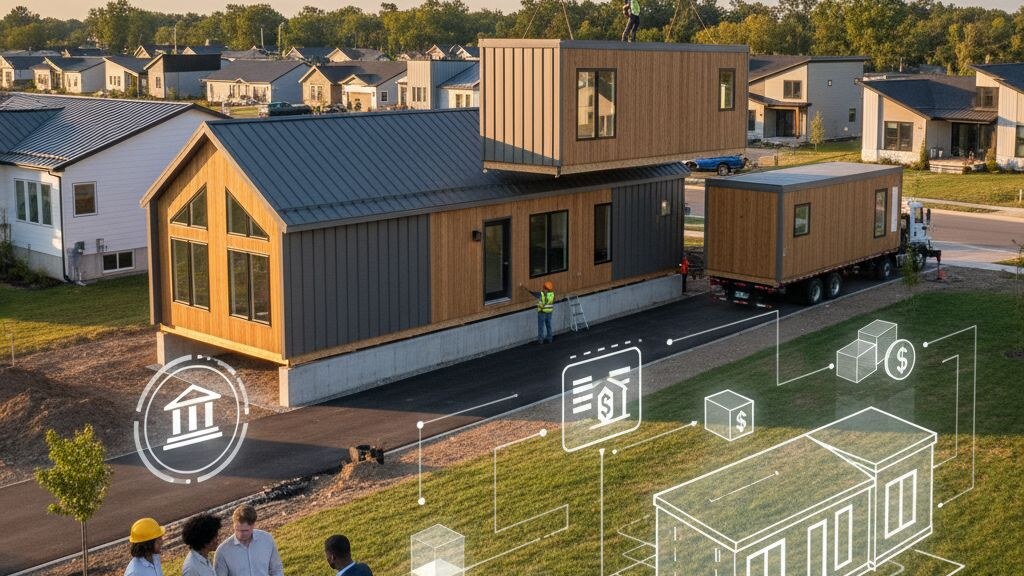Architectural editorial photograph illustrating modular home financing on a typical American residential lot in golden afternoon light.
