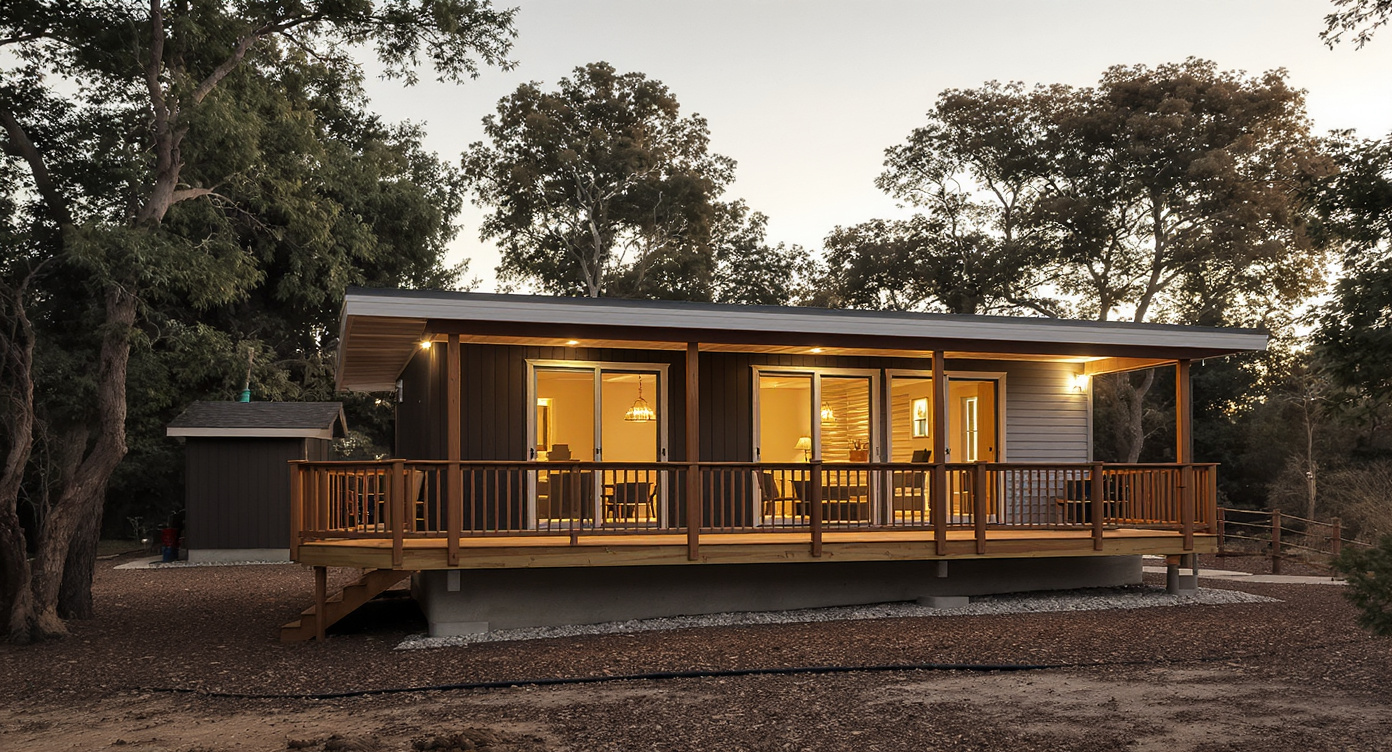 Small modular cottage set on a pier foundation at golden hour with covered porch and warm interior lights