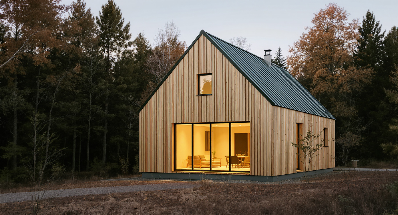 A modern, two-story prefab home with a simple rectangular shape and gabled roof, nestled in a sunlit forest clearing at dusk.