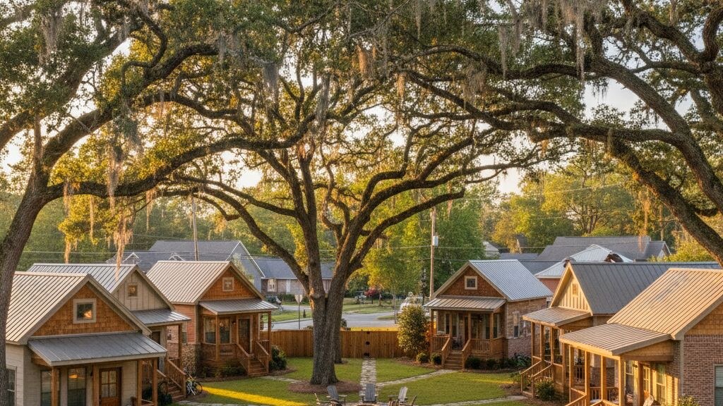 Tiny home pocket community in Atlanta with detached cottages and a shared green courtyard at golden hour.