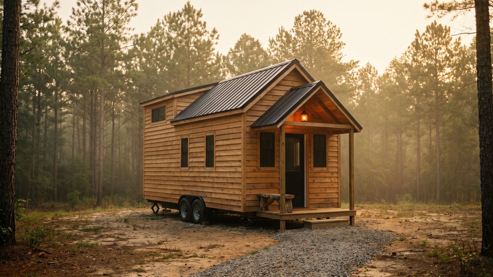 A mid-size tiny home on wheels with natural cedar siding on a cleared lot in a Georgia pine forest at golden hour shot on Kodak Portra 400 film with visible grain