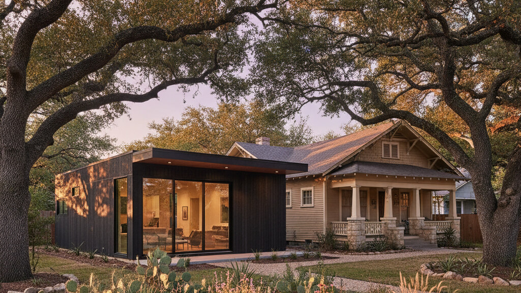 Modern small modular ADU placed behind a craftsman bungalow in East Austin with mature live oak trees and golden-hour Texas Hill Country light.