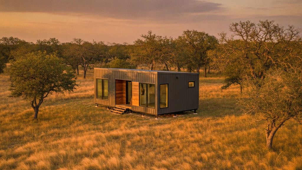 Modern small modular home on a two-acre parcel in unincorporated Collin County outside Dallas with rolling prairie grass and golden-hour Texas light.