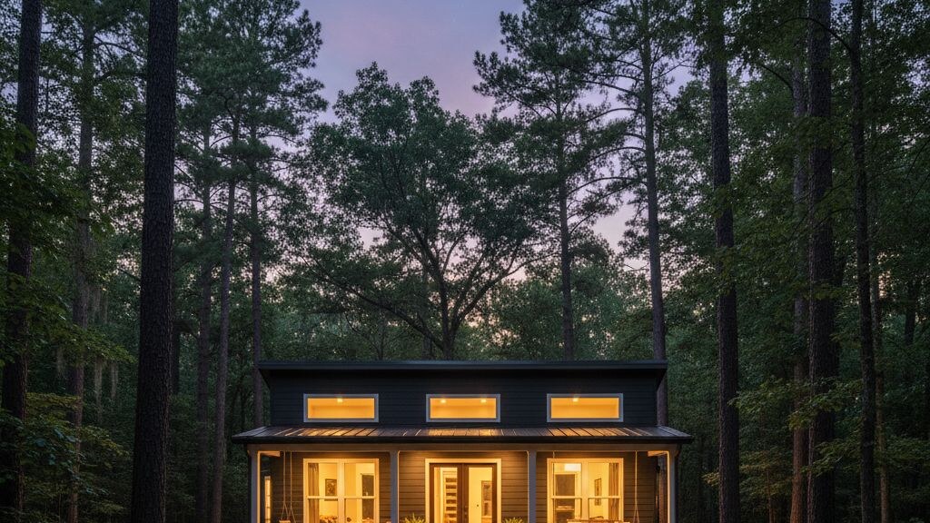 Small modular home on a wooded Atlanta-metro lot at dusk with warm interior lights and a southern-style porch.