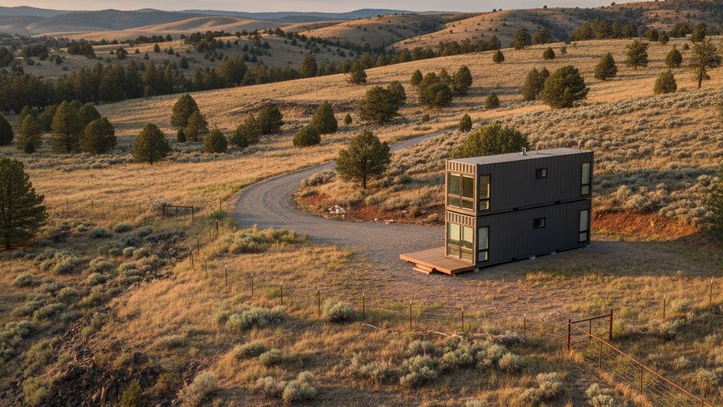 Small modular home placed on a typical Boise-area parcel with mature local landscape and high desert temperate climate light.