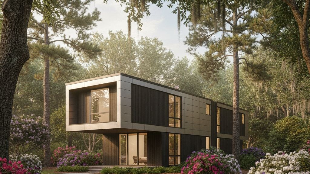 Small modular home placed on a typical Charlotte-area parcel with mature local landscape and humid subtropical climate light.