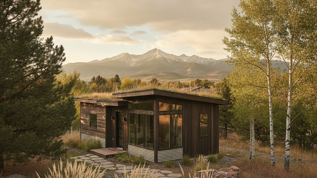 Small modular home placed on a typical Denver-area parcel with mature local landscape and mountain temperate climate light.