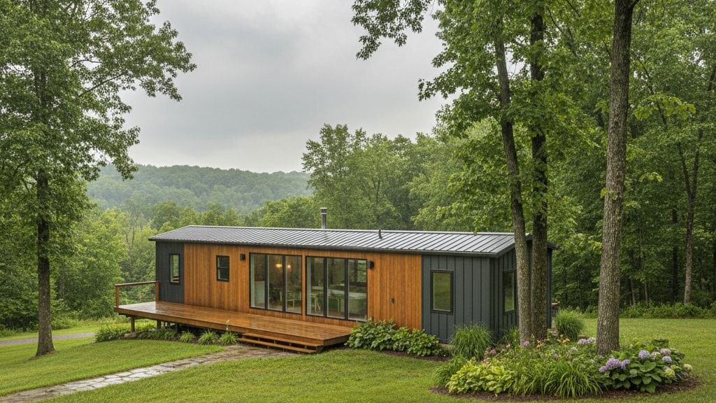 Small modular home placed on a typical Indianapolis-area parcel with mature local landscape and humid continental climate light.