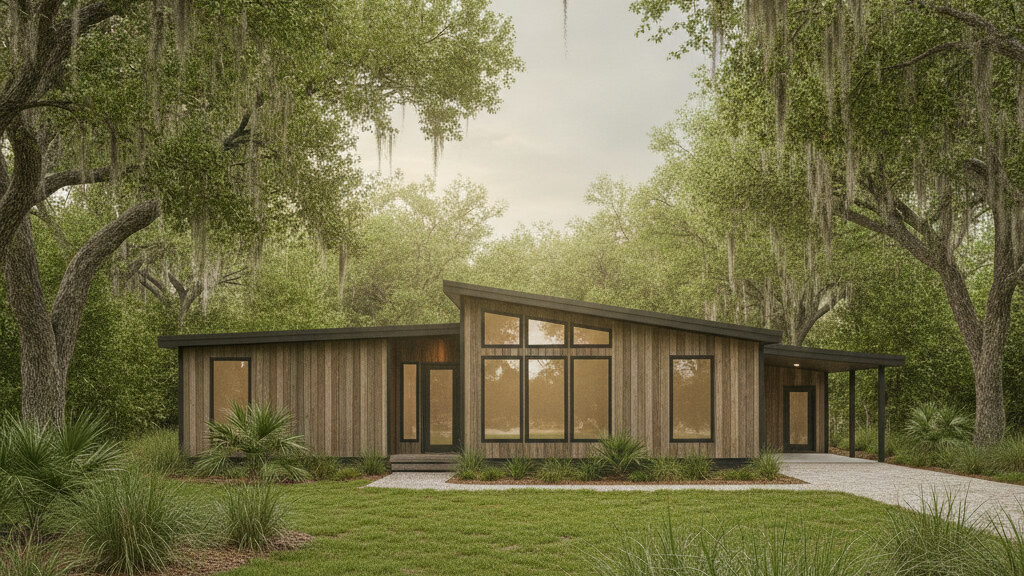 Small modular home placed on a typical Jacksonville-area parcel with mature local landscape and humid subtropical coastal climate light.