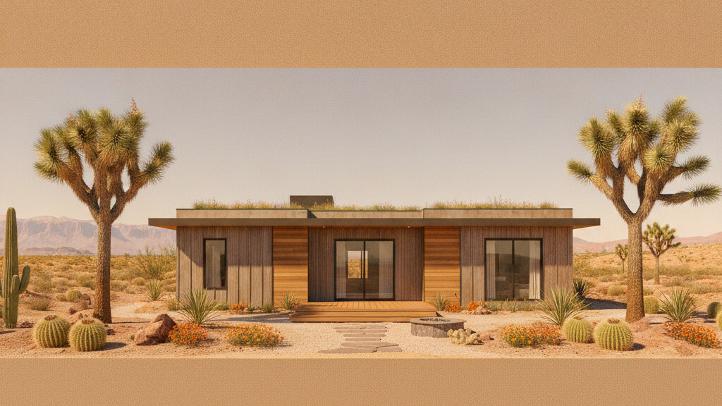 Small modular home placed on a typical Las Vegas-area parcel with mature local landscape and hot arid climate light.