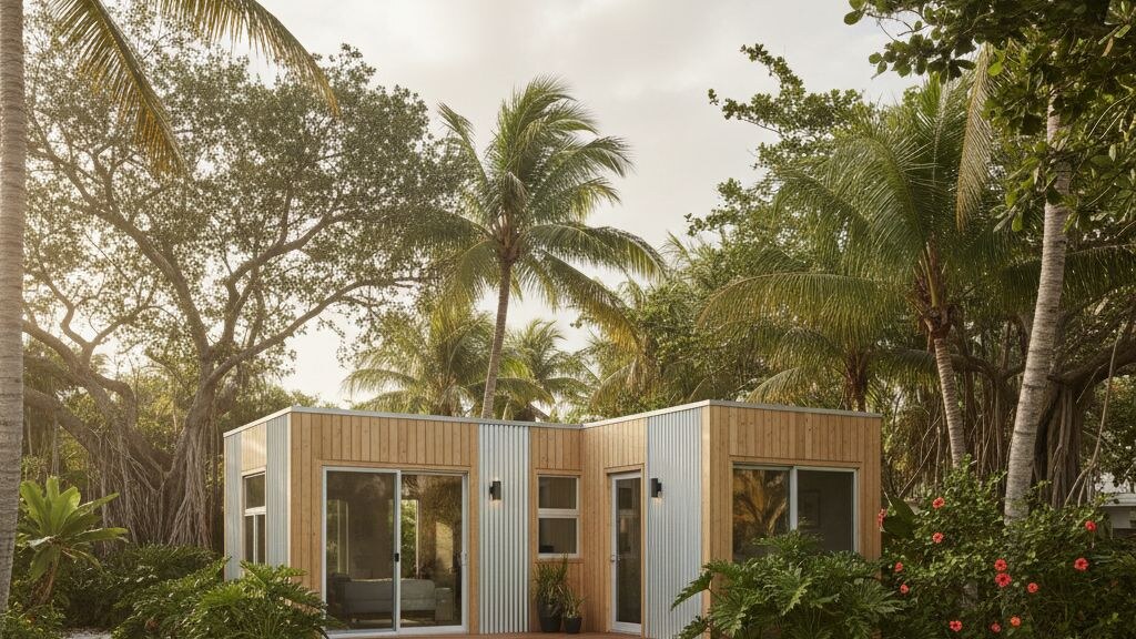 Small modular home placed on a typical Miami-area parcel with mature local landscape and tropical coastal climate light.