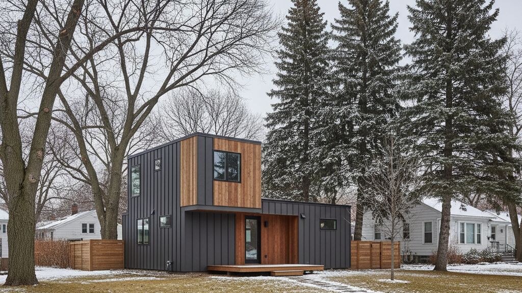 Small modular home placed on a typical Minneapolis-area parcel with mature local landscape and continental cold climate light.