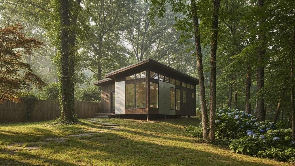 Small modular home placed on a typical Nashville-area parcel with mature local landscape and humid subtropical climate light.