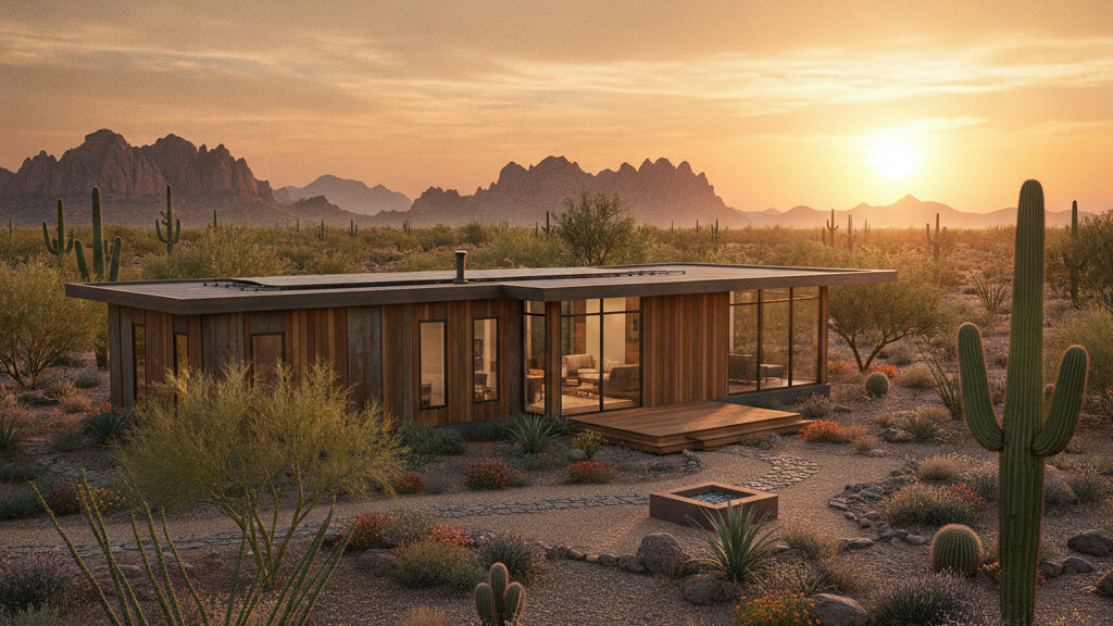 Small modular home placed on a typical Phoenix-area parcel with mature local landscape and hot arid climate light.