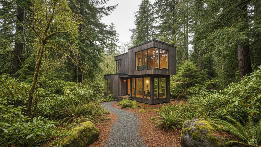 Small modular home placed on a typical Portland-area parcel with mature local landscape and temperate maritime climate light.