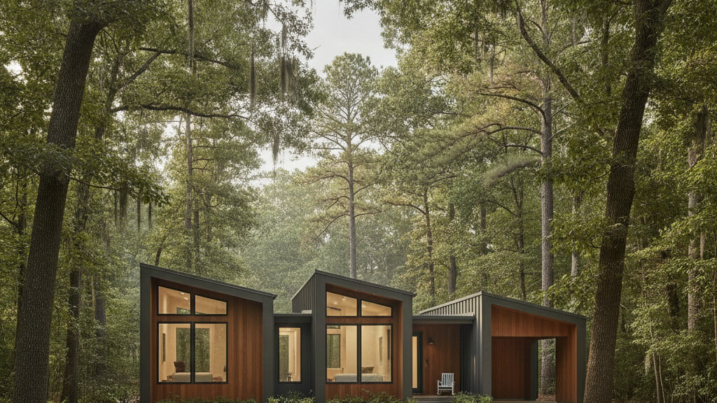 Small modular home placed on a typical Raleigh-area parcel with mature local landscape and humid subtropical climate light.