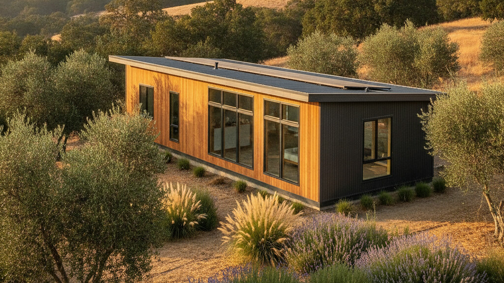 Small modular home placed on a typical Sacramento-area parcel with mature local landscape and mediterranean climate light.