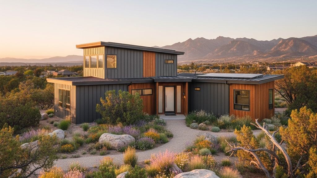 Small modular home placed on a typical Salt Lake City-area parcel with mature local landscape and high desert temperate climate light.