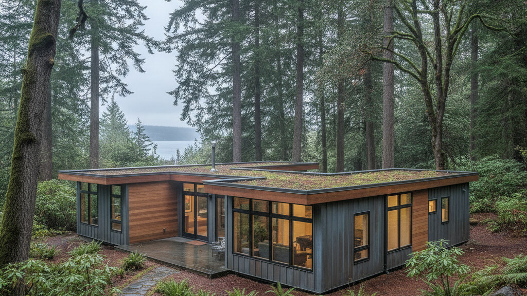 Small modular home placed on a typical Seattle-area parcel with mature local landscape and temperate maritime climate light.