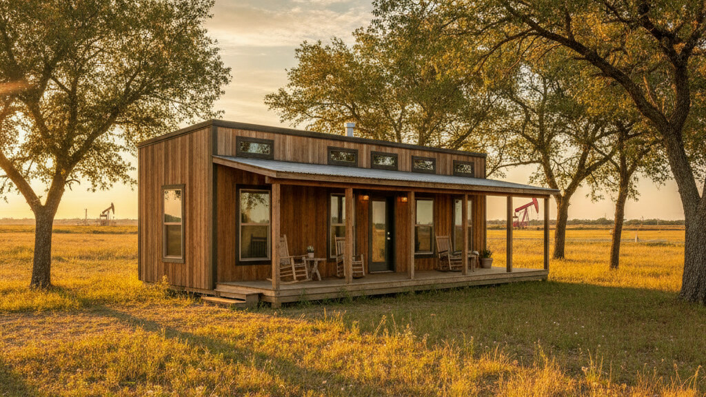 Small modular home on a one-acre parcel in unincorporated Harris County outside Houston with mature pecan trees and a long covered porch at late-afternoon light.