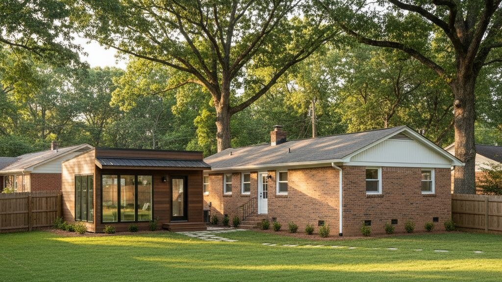 Small modular ADU placed behind a brick ranch home in suburban Marietta, Georgia, with mature hardwoods and late-afternoon light.