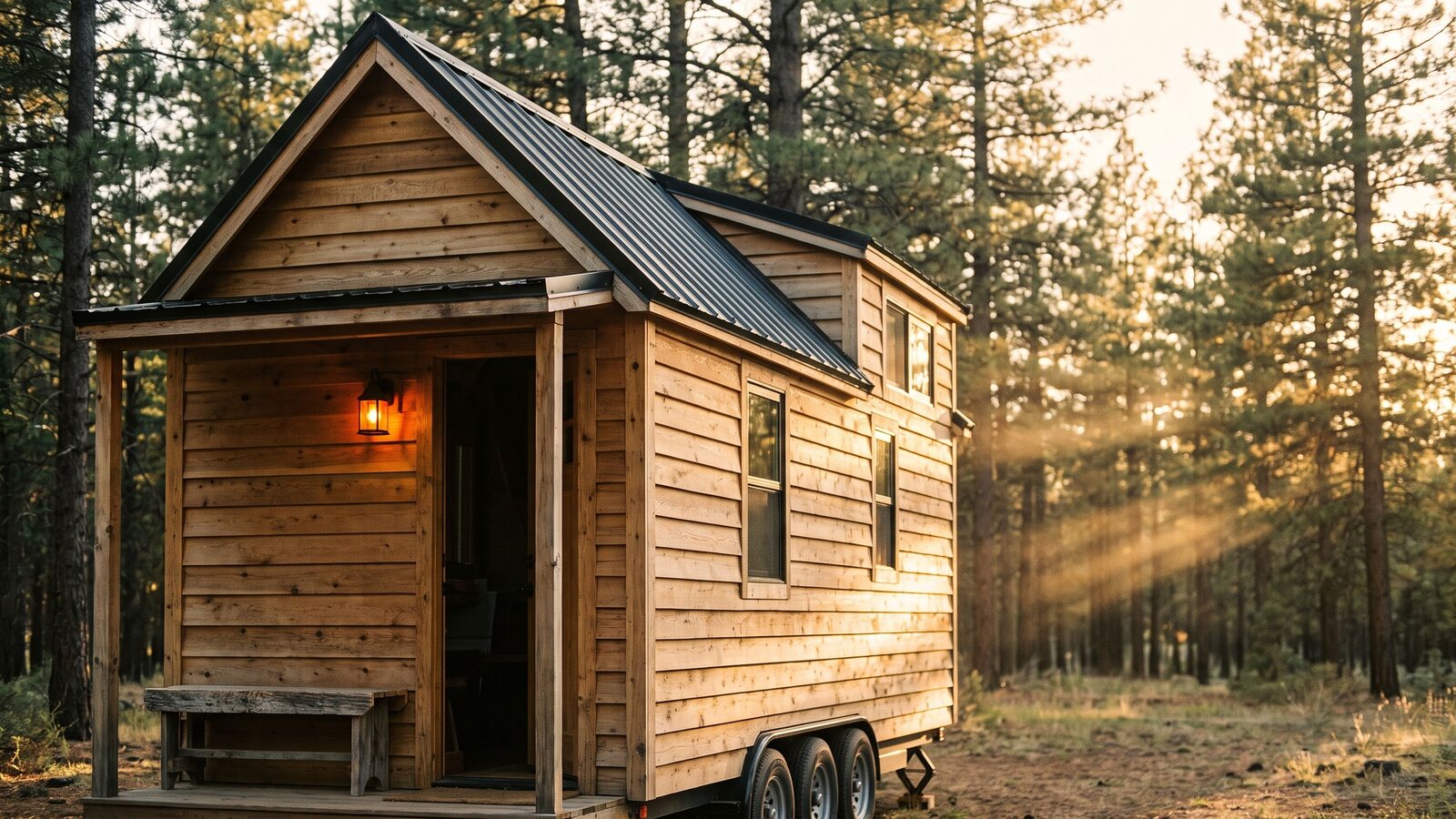 A mid-size tiny home on wheels with natural cedar siding and a covered entry porch at golden hour shot on Kodak Portra 400 film with visible grain