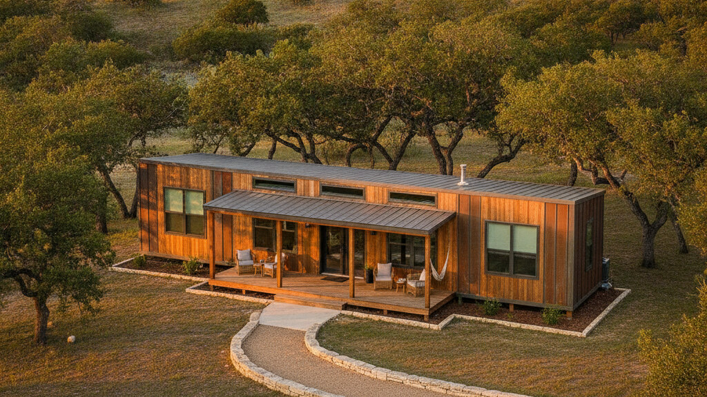 Modular small home on a five-acre Hill Country parcel north of San Antonio with mature live oaks and golden-hour light.