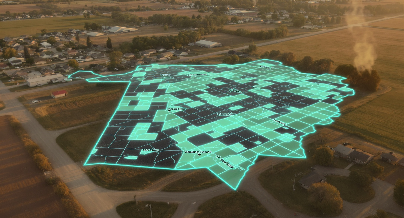 Aerial of a tiny-home community on the edge of a small town with a translucent zoning grid overlay at golden hour