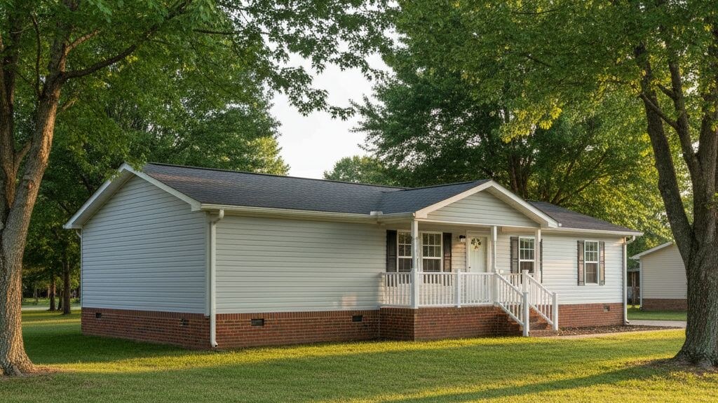 Single-section manufactured home permanently installed on a brick perimeter foundation with continuous skirting on a green residential lot at golden hour.