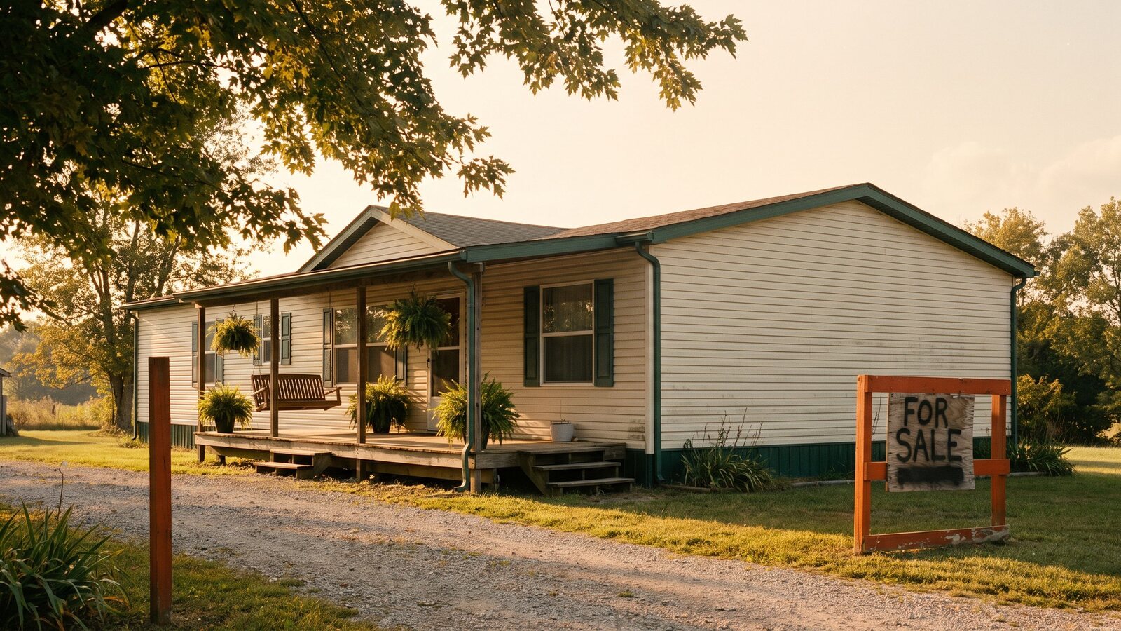 A well-kept ten-year-old modular home with weathered cream siding and wrap-around porch on a rural lot at golden hour shot on Kodak Portra 400 film with visible grain