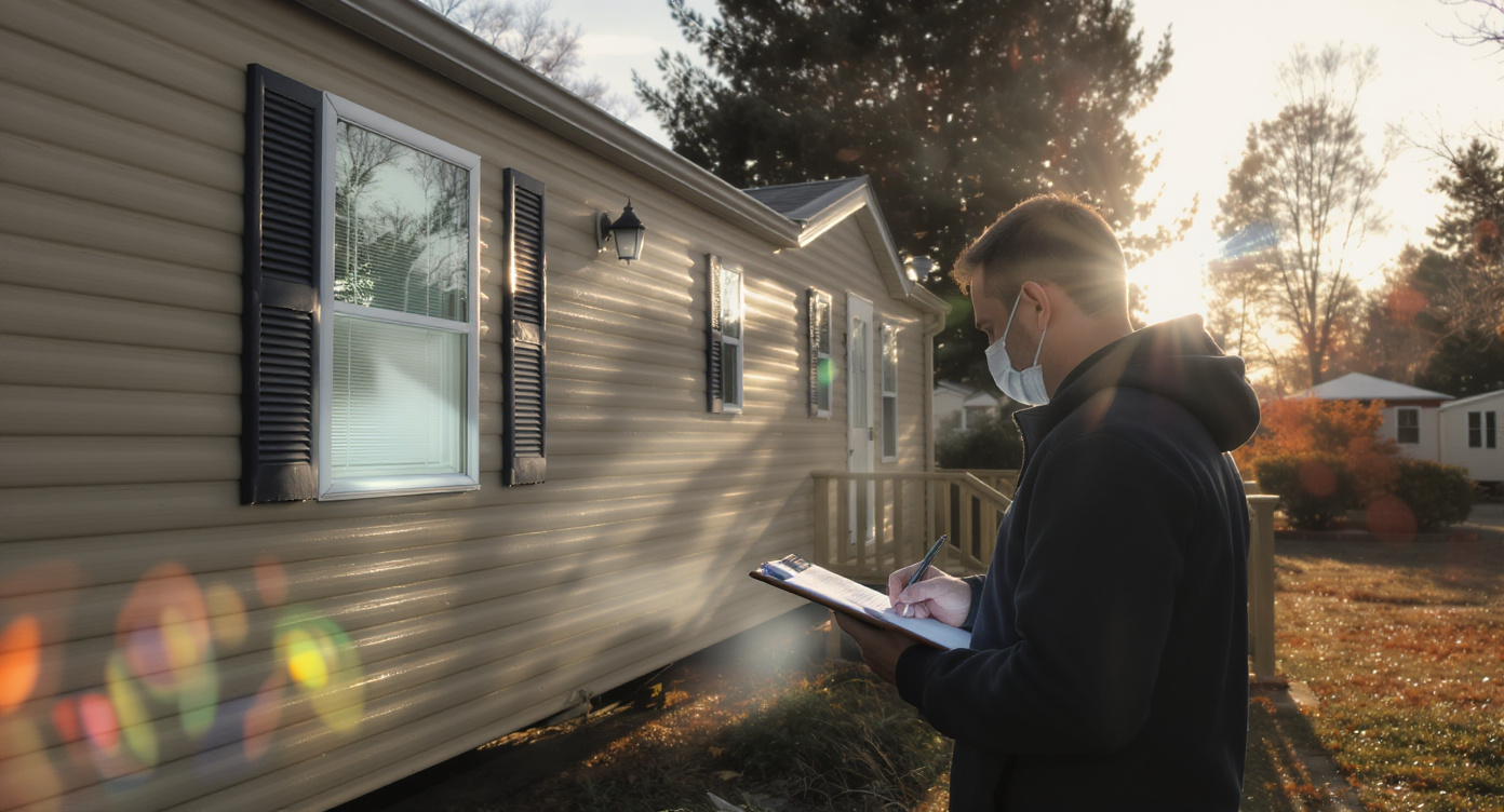Buyer inspecting a used park model home with a clipboard and flashlight at golden hour